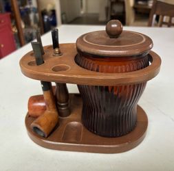Vintage Wooden Tobacco Pipe Stand with Humidor Jar