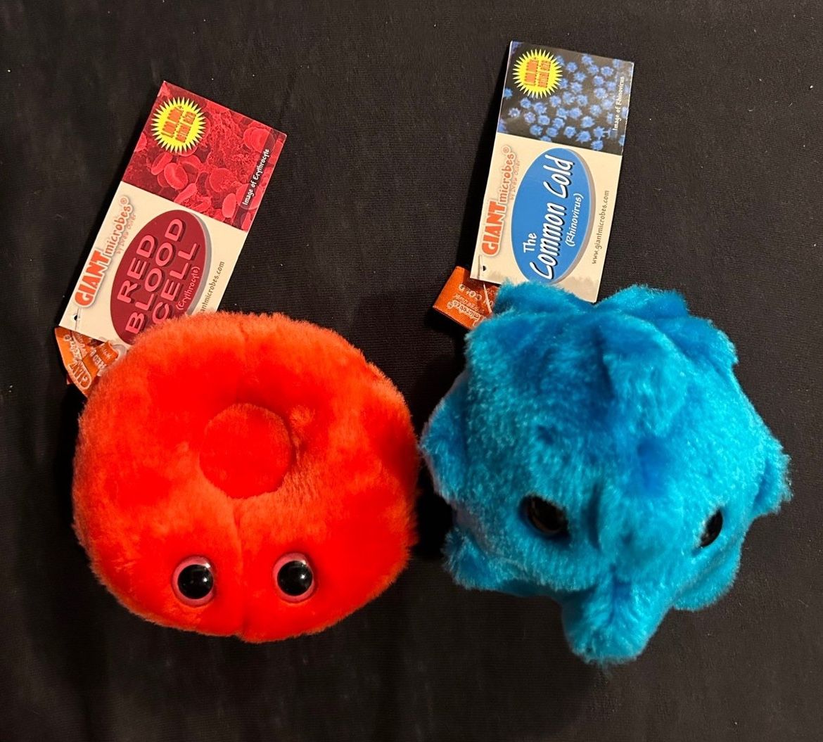 Giant Microbes Common Cold and Red Blood Cell plushies