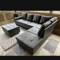 Black Leather Sectional With Ottoman