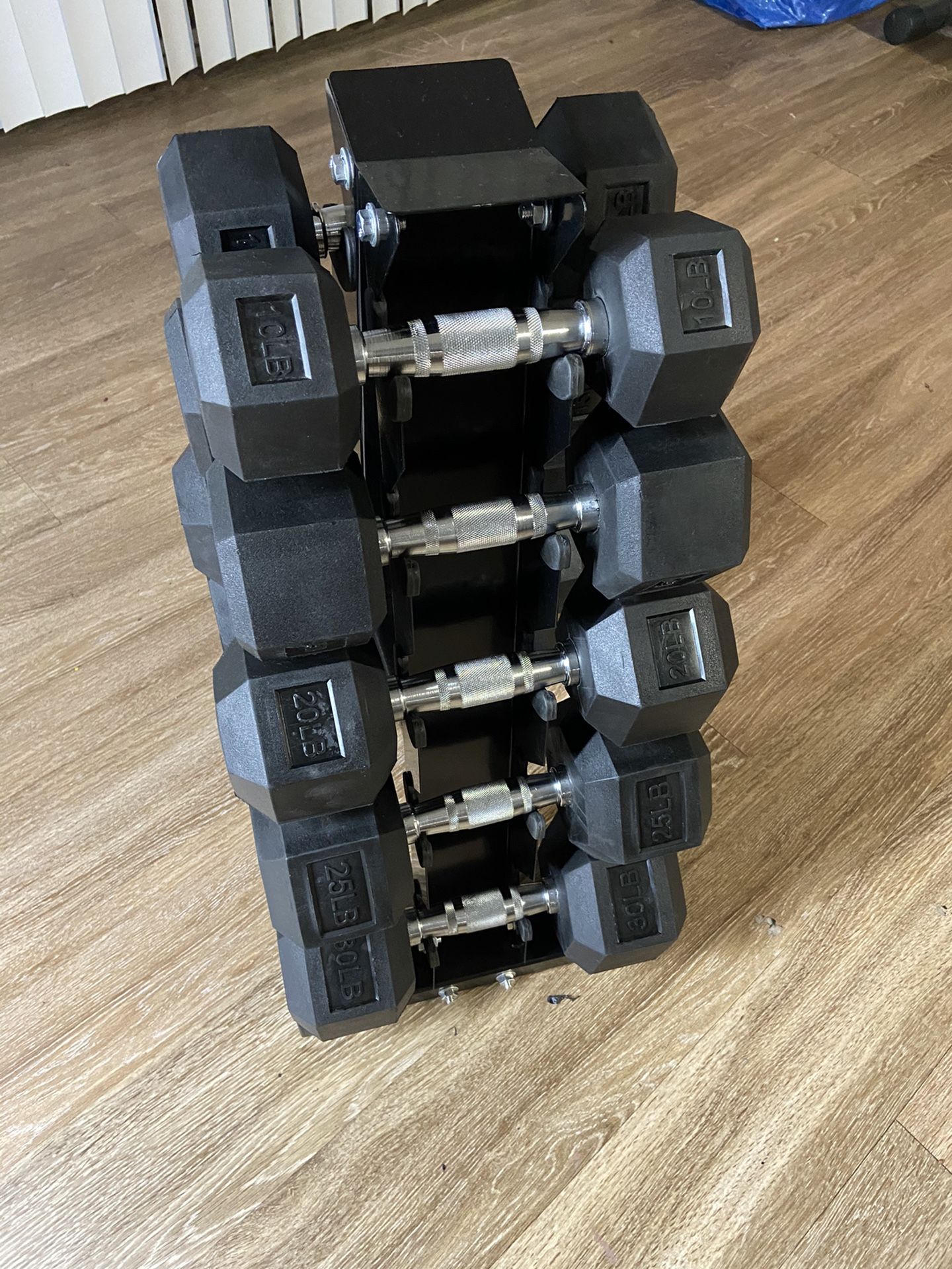 Brand New Hex Rubber Coated dumbbells- 10’s/15’s/20’s/25’s/30’s w/ weight rack