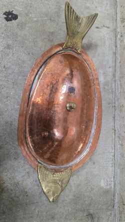 vintage hammered copper and brass fish-shaped serving platter