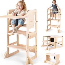 6 in-1 Toddler Kitchen Step Stool with Wooden Stool, Foldable Learning Standing Tower with Blackboard & Feeding Tray, Wooden Kitchen Stool Helper for 