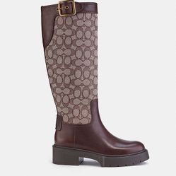 Coach monogram boots tall jacquard boots logo print gold hardware