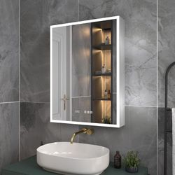 ExBrite Lighted Medicine Cabinet 24 x 32 Inch,Recessed or Surface led Medicine Cabinet, Clock&Room Temper Display,Defog,Dimming,3-Color Temper Change,