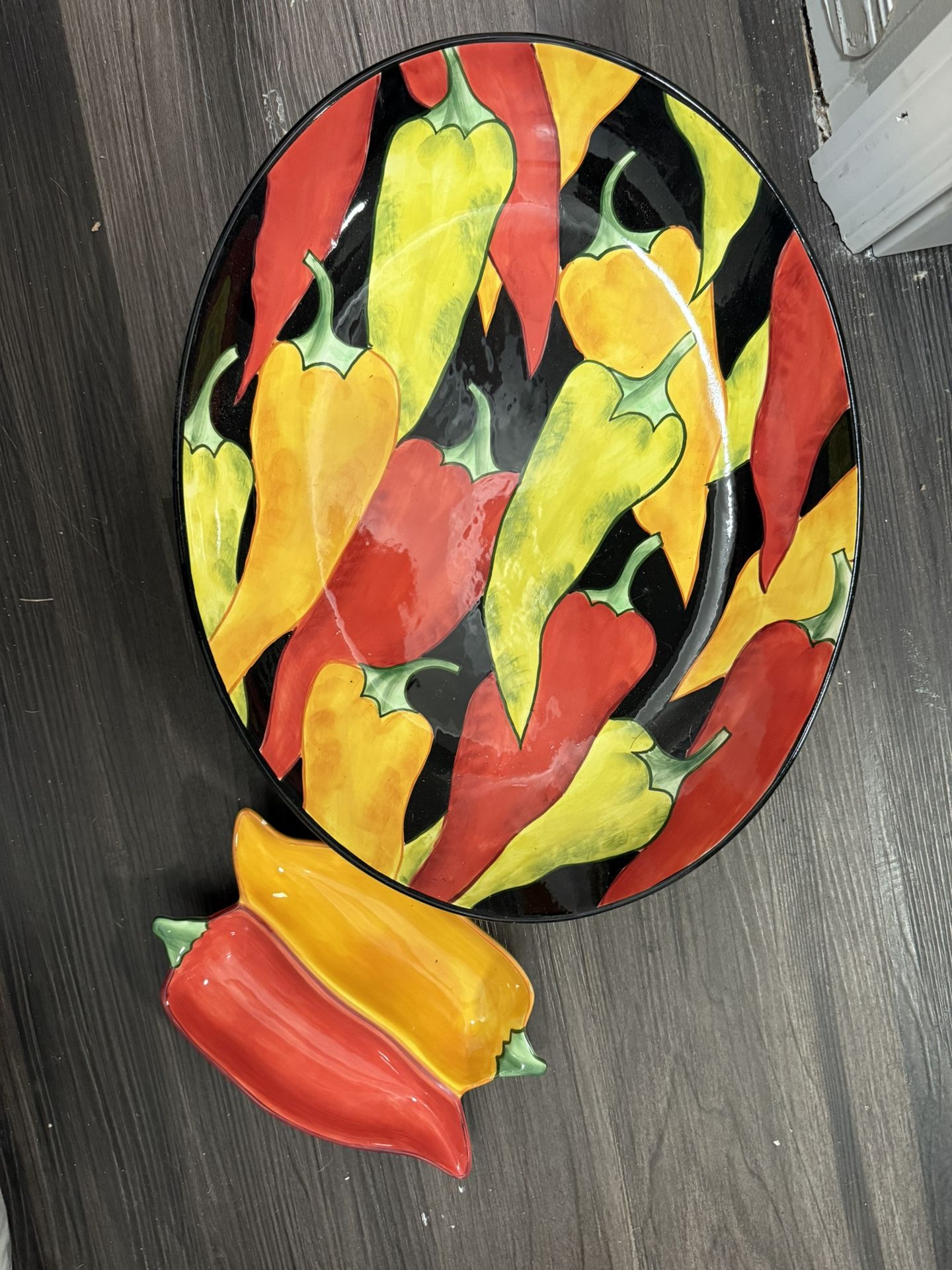 Hand‑painted Clay Art Chili Peppers Tray with Dip Bowl