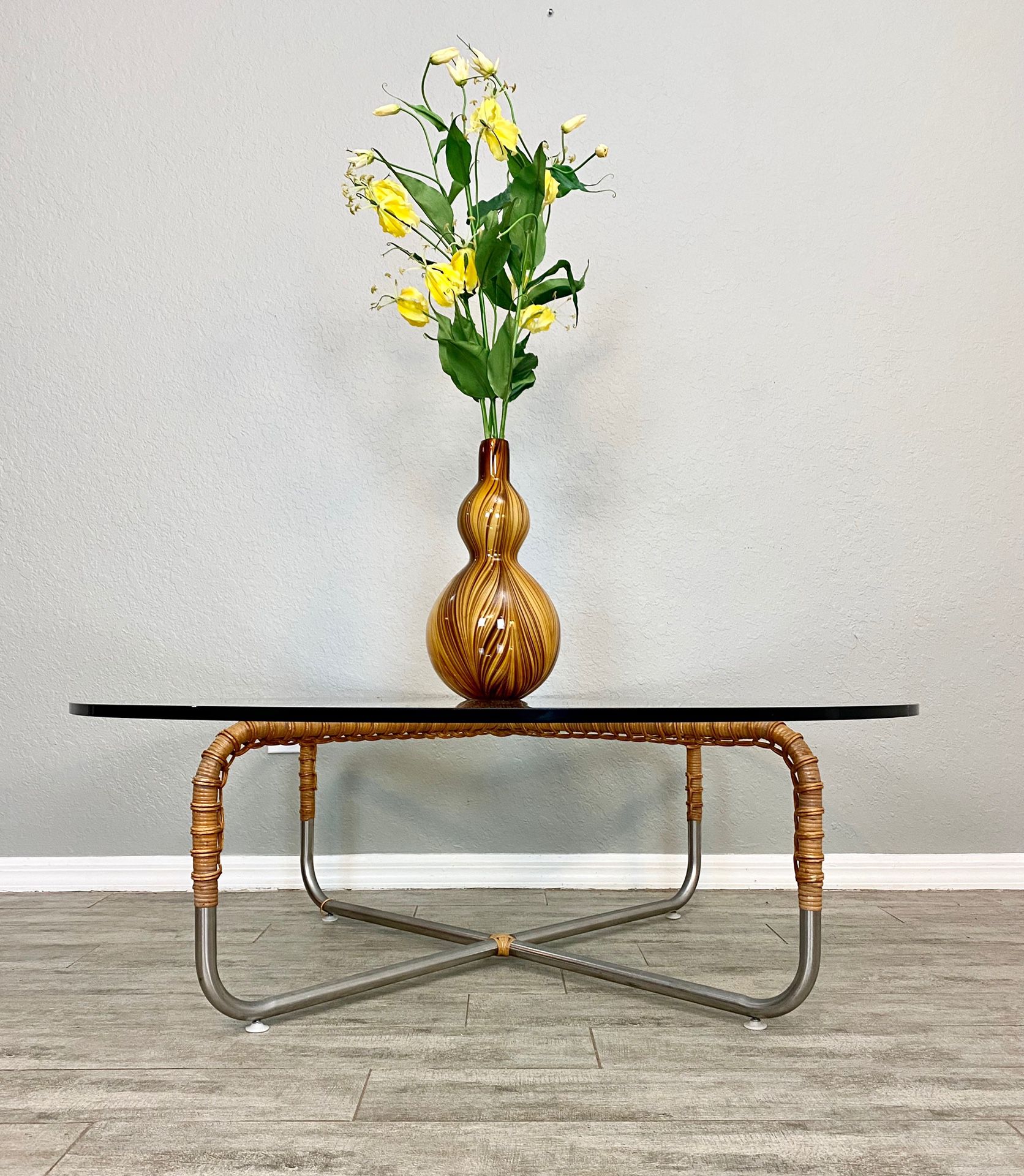 Vintage mid century modern retro minimalist rattan wrapped Crome glass top coffee table 48” diameter x H 16”