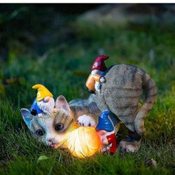 Solar Light Patio Decor Cats Playing with Gnomes Resin Yard