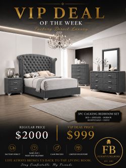 Grey Cal King Bed + 2 Nightstands + Dresser + Mirror