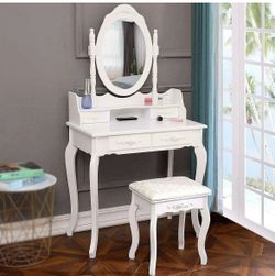 Girls Vanity Desk with 4 Drawers, White Makeup Vanity Table