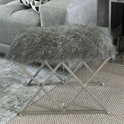 Uttermost Astairess Gray Fur Ottoman Bench With Silver Base