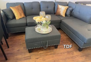 Charcoal Grey Linen Sectional Sofa +Storage Ottoman (New In Box) 