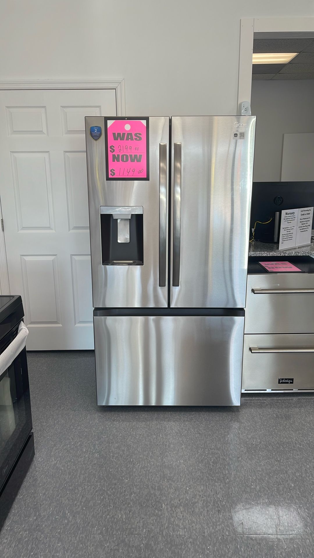 New Scratch And Dent Midea Stainless Steel French Door Fridge. 2 Year Manufacture Warranty