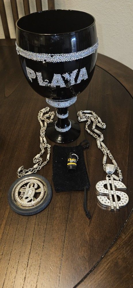Halloween Costume Playa Bling Pimp Cup Fake Gold Necklace CosPlay