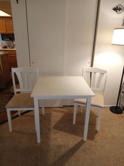 Dining table. White wood kitchen table. Table and 2 chairs.