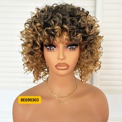 6" Ombre Blonde Loose Kinky Curly Synthetic Wig Short Afro Bob Bangs #8E690303