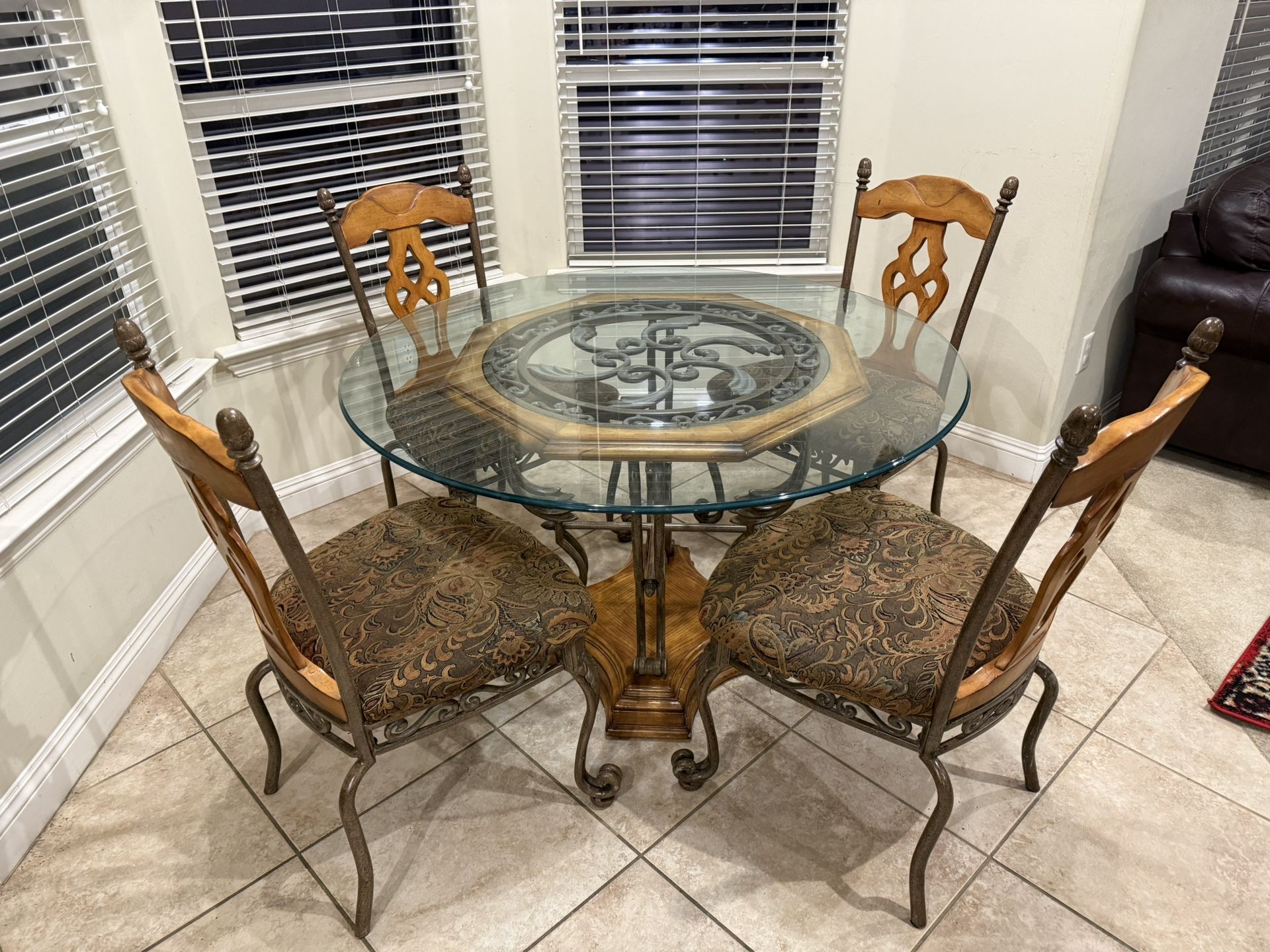 4ft Round Glass Top Dining Table (chairs Need Reupholstering)