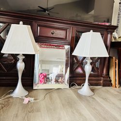 Silver Beveled Mirror With 2 Silver Lamp Set 