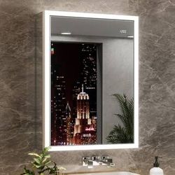 NEW - Elega 24 in. W x 32 in. H Right Rectangular Aluminum Recessed/Wall Mount Fogless Lighted Medicine Cabinet with Mirror by QueenFun