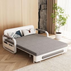 Pull-Out Sofa Daybed with Trundle - Versatile Futon Sleeper Couch for Living Room and Small Spaces (34.6"" D x 50.3"" W x 34.2"" H)- Gray/White Sofa B