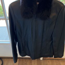 Black leather jacket With fox fur Collar