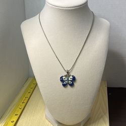 Cool Jewels Necklace With Blue And White Enamel Butterfly Silver Tone Chain 