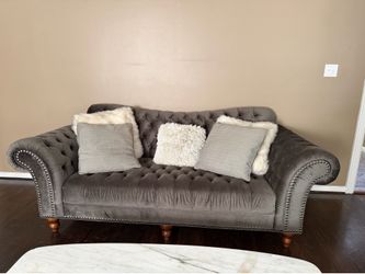 Elegant Tufted Gray Chesterfield Sofa + Matching Chaise Lounge