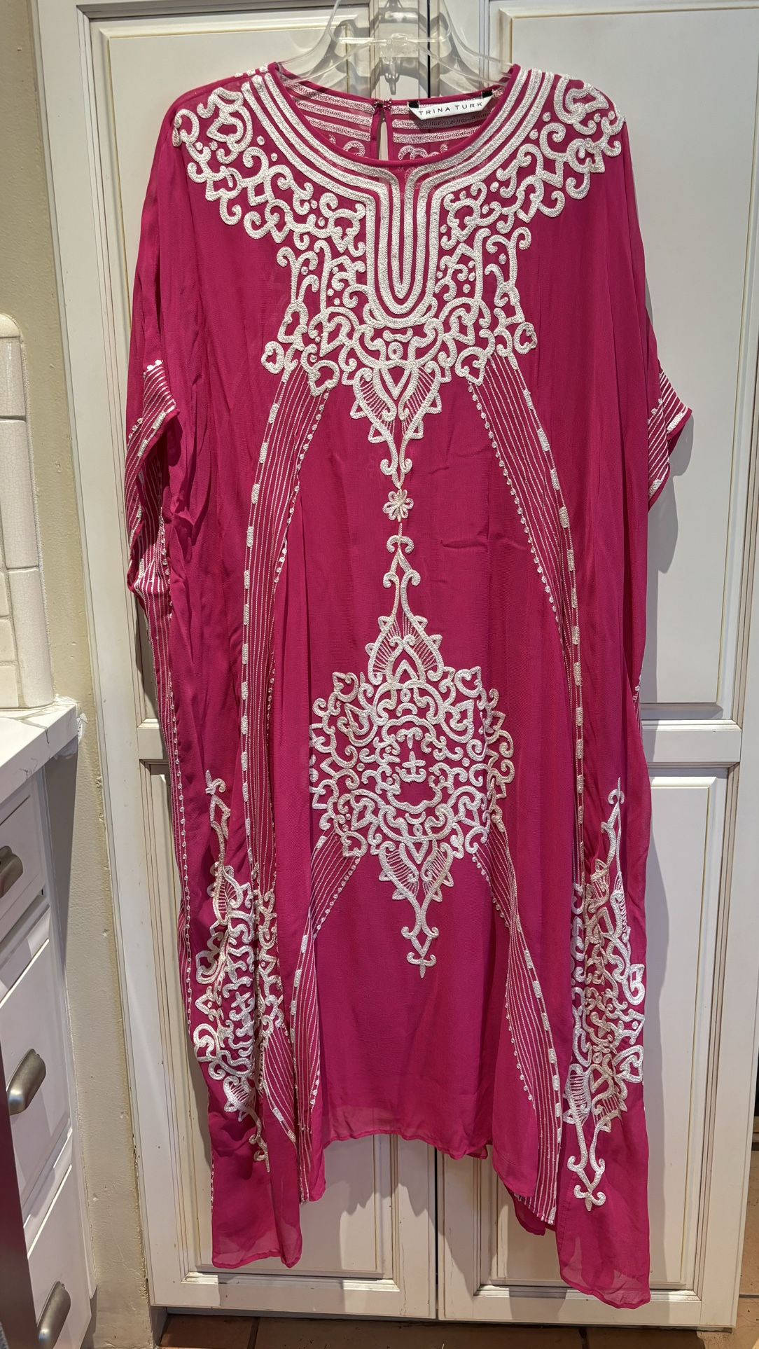 Trina Turk Fushia Kaftkan with White Beading detail one Size Measures pit to pit 35”