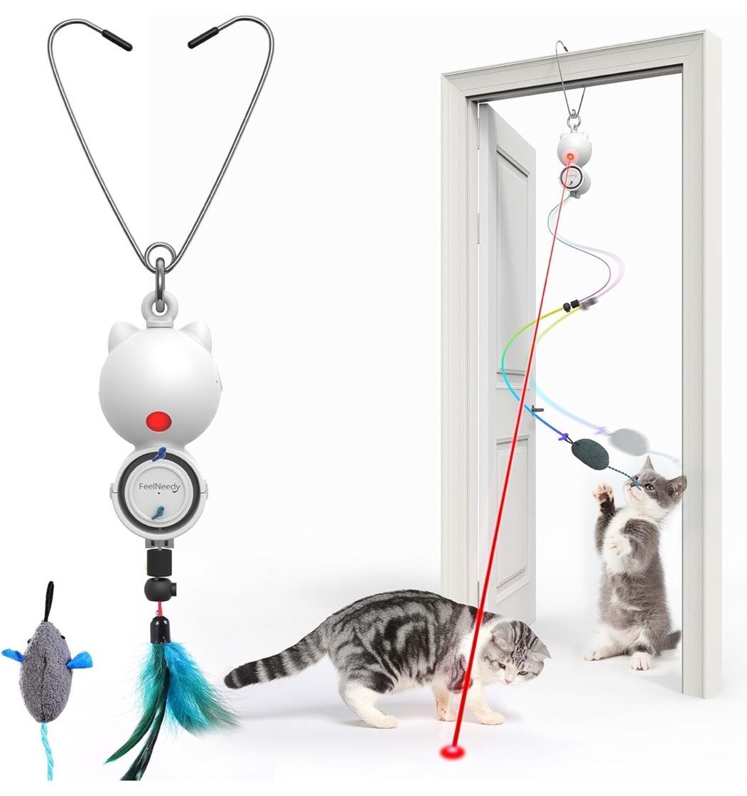 Interactive Cat Toys LED Light Hanging Cat Toys for Indoor Cats, Cat Wand Toy Cat Feather Toy, Feather & Mouse Cat Toys for Bored Adult Cats Kitten Ex
