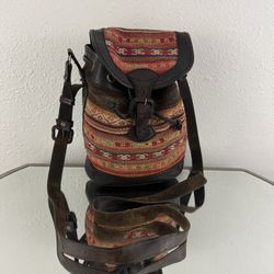 Vintage Brown Leather Orange Red Tapestry Buckle Strap Bucket Crossbody Bag