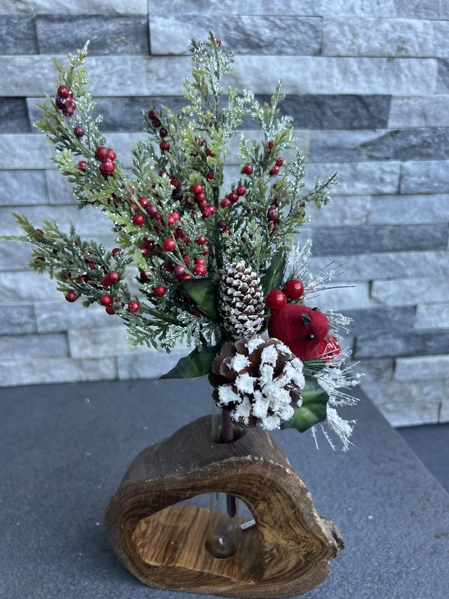 Christmas Decor With Cardinal Bird On Wood Base