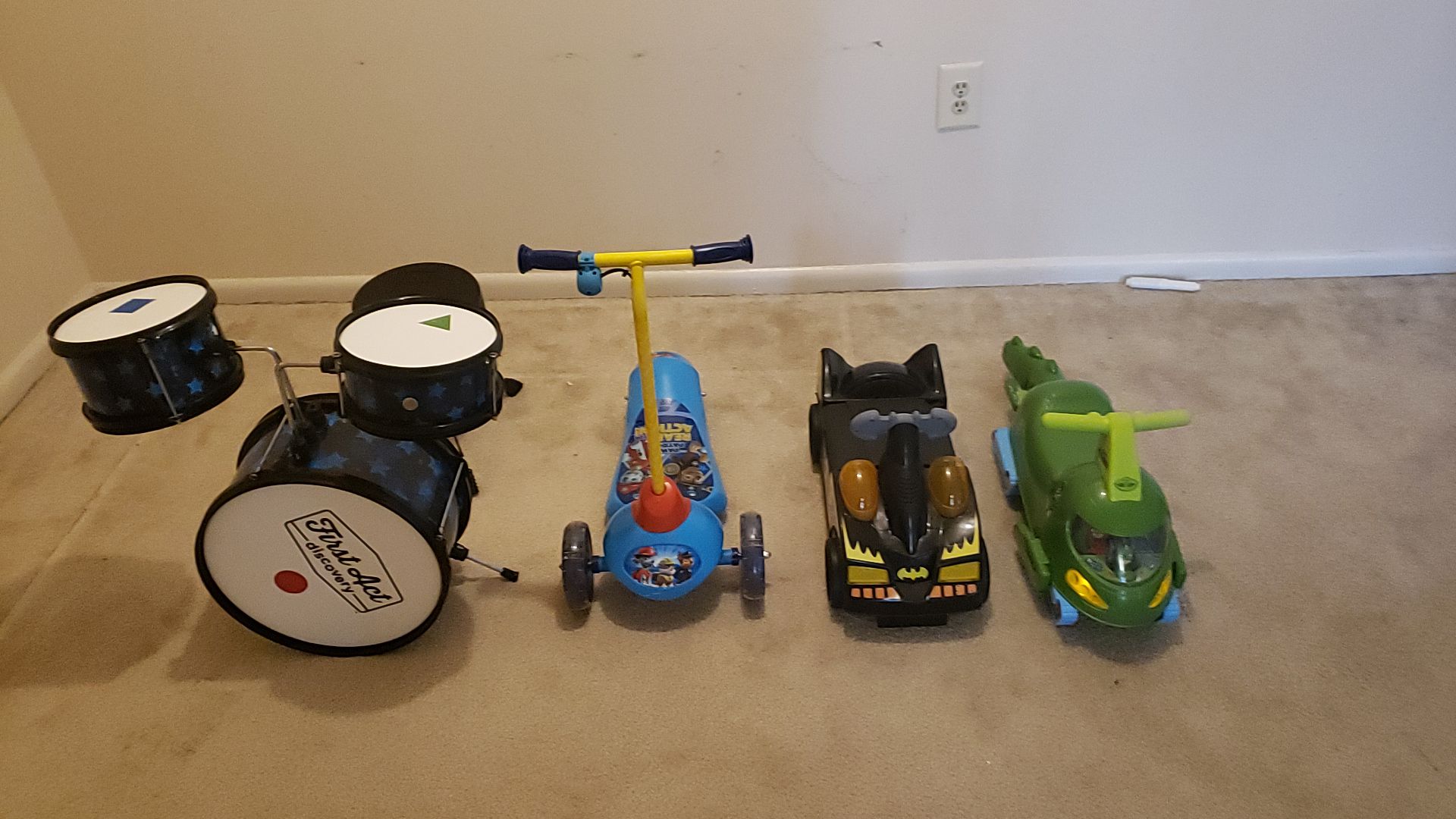 Toddlers Drum set, Batman mini car, mini scooter, and a PJ mask car