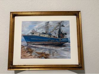 Original Painting Fishing Boat Seascape Gold Frame