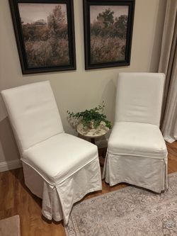Crate & Barrel Parsons Dining Chairs with White Washable Slipcovers