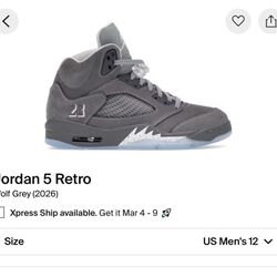 Retro 5 Jordan Wolf Grey Size 8.5,10,12