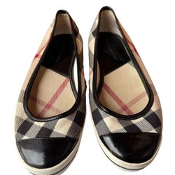 Burberry Nova Check Plaid Ballet Flats Cap Toe Patent Leather Fabric Shoe Sz:41/11