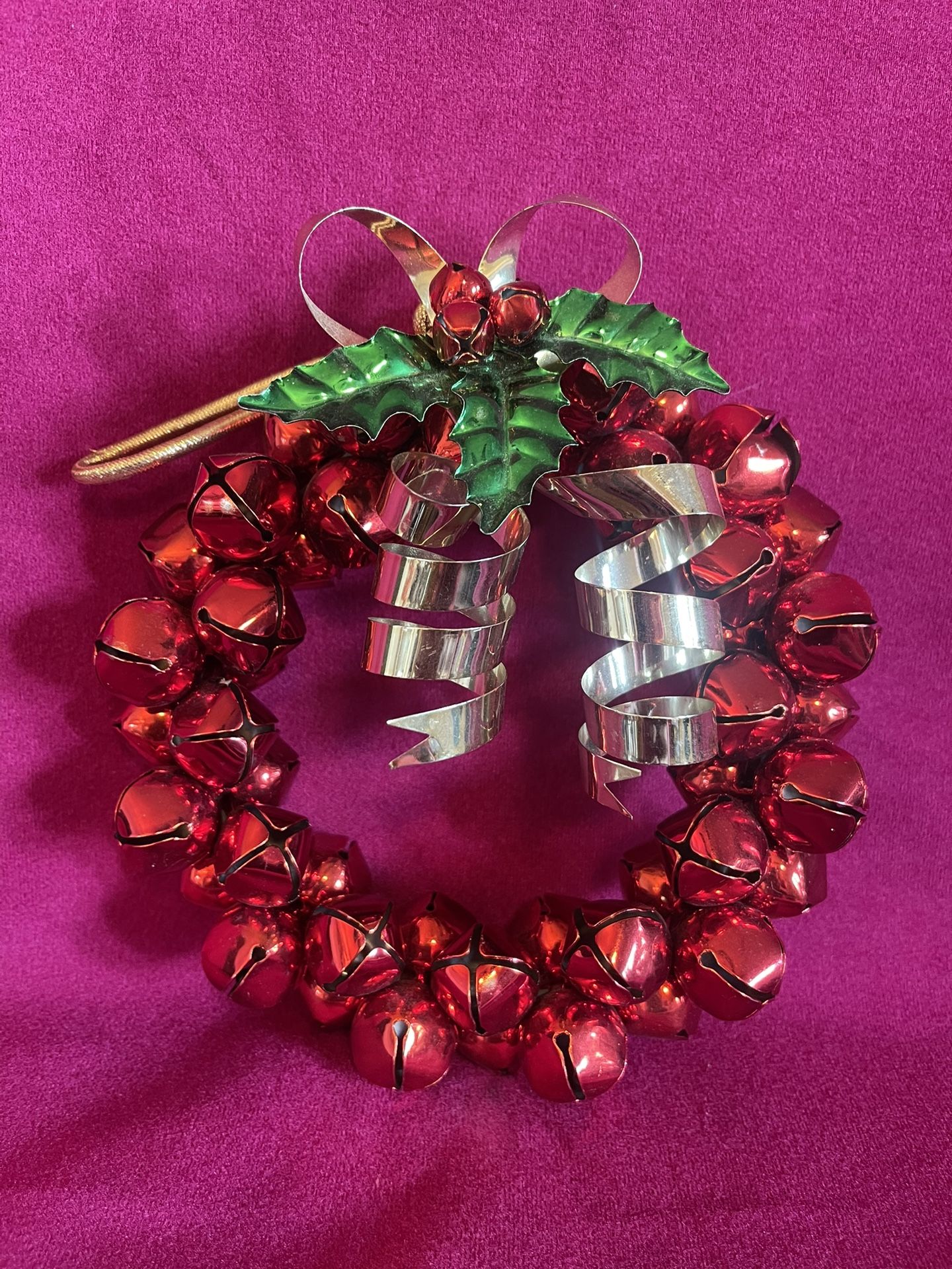 Vintage Red Jingle Bell Christmas Wreath Ornament with Holly and Ribbon Festive