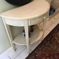 Sweet grainy white small hall or entry table with center drawer. downsizing orphan.