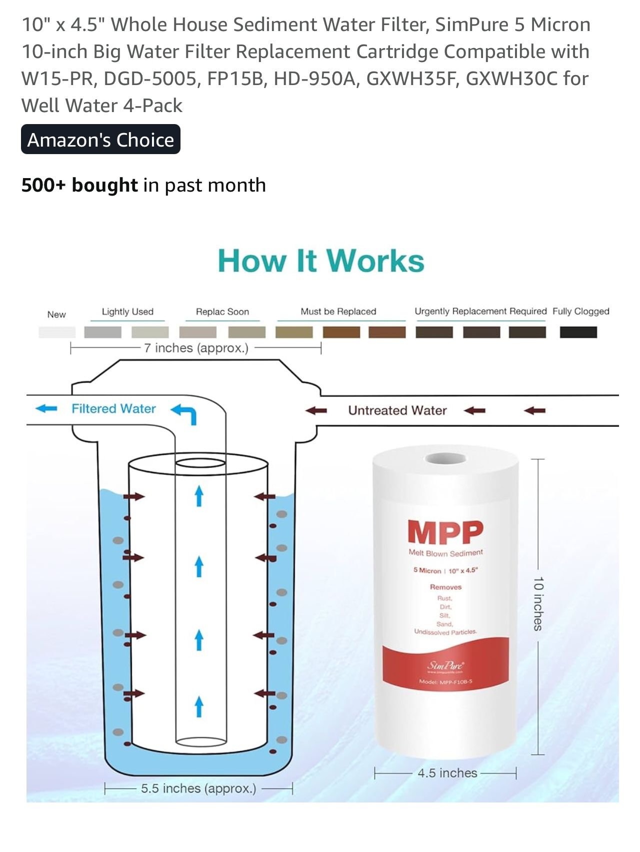 Simpure 10" x 4.5" Whole House Sediment Water Filter, SimPure 5 Micron 10-inch Big Water Filter Replacement Cartridge Compatible with W15-PR, DGD-5005