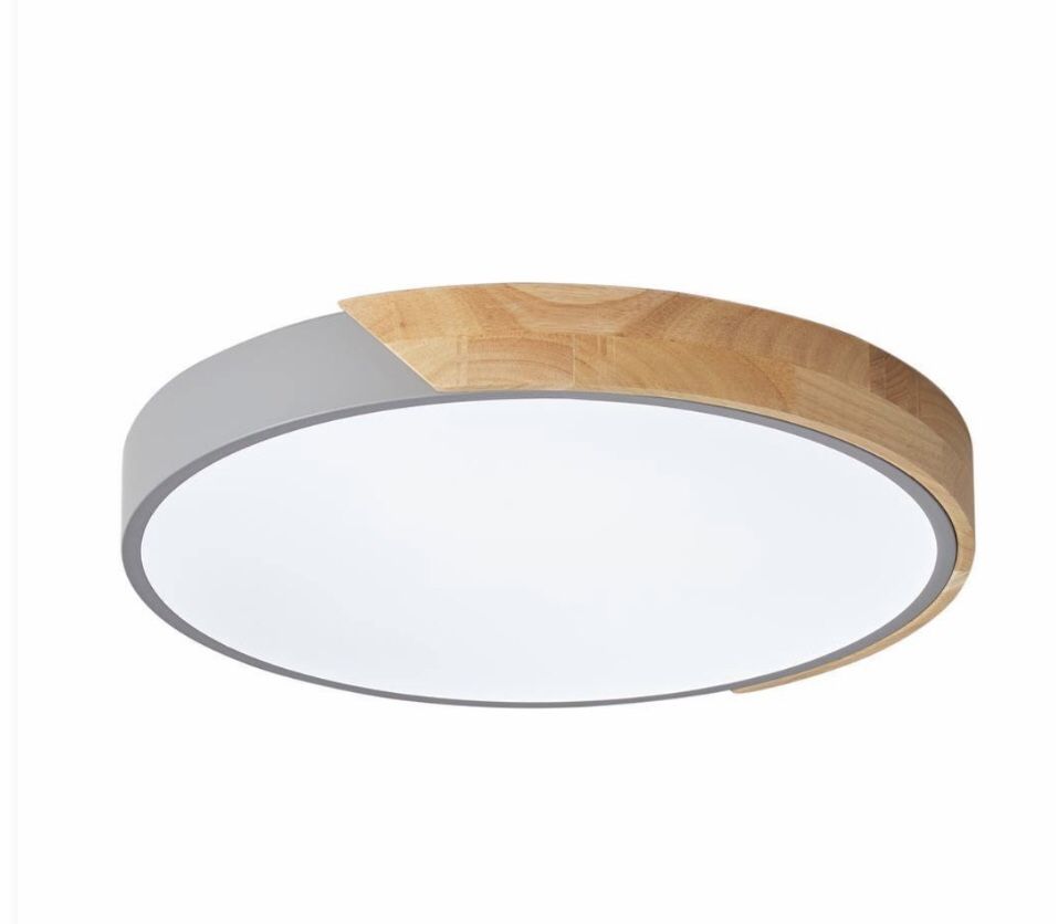 NEW! 2 LIGHTS + REMOTES! 12” Grey Circle LED Flush Mount Light Fixture Modern Ceiling, wood accent
