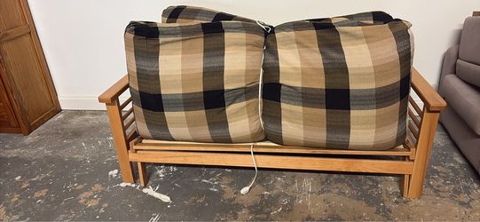 Wooden Frame Loveseat with Plaid Cushions