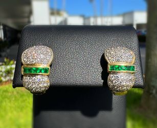 Jewelry 18k solid yellow gold white natural diamonds and emerald stones 3.50CTW heart clip on earrings 10.10g