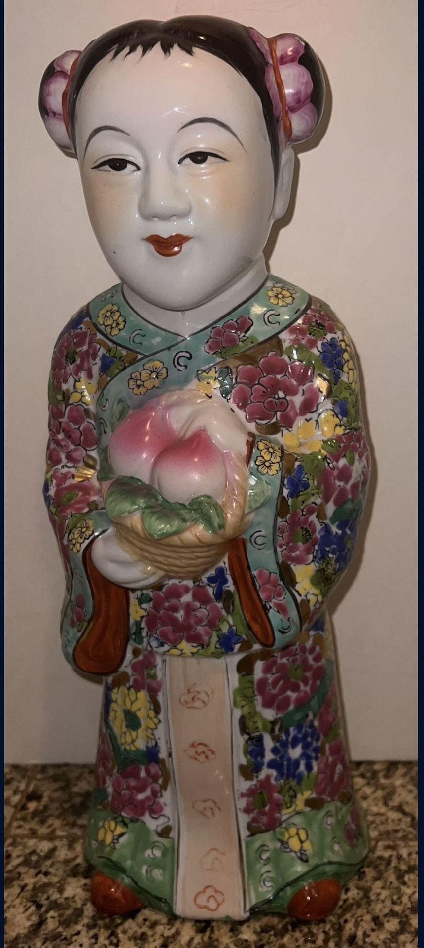 VINTAGE CHINESE POLYCHROME COLOR PORCELAIN WOMAN WITH BASKET 15 1/2" TALL