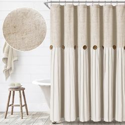 Farmhouse Cream Shower Curtain Button Linen Textured Woven Fabric Country Style 72 X 72
