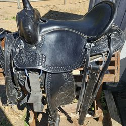 16' Black Leather Hand Tooled Saddle and breast collar/rear cinch