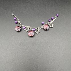 Silver Stars, Round Purple Beads, Brown Glass Beads Sterling Silver Bracelet 