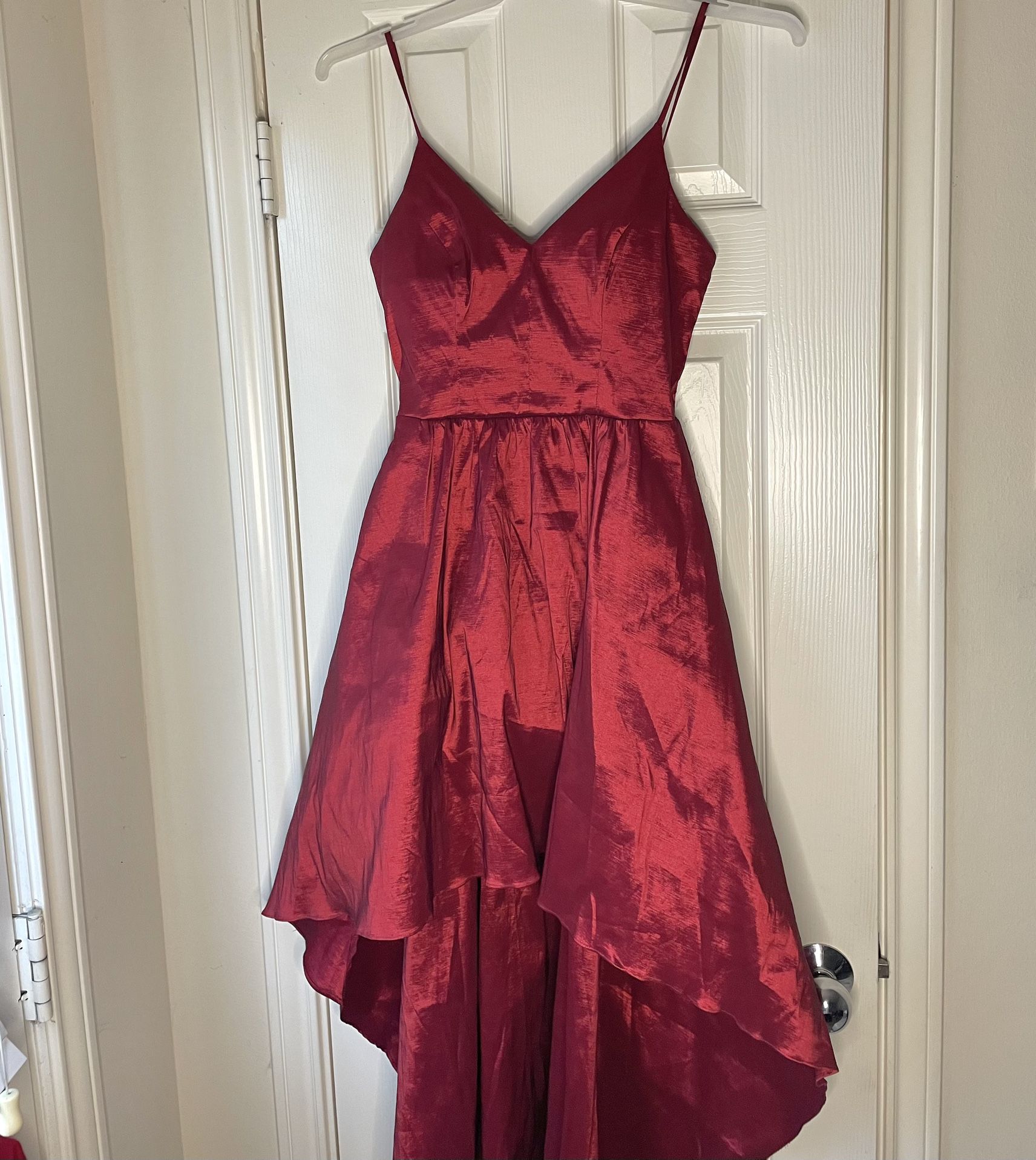RED SATIN V NECK FORMAL OCCASION GOWN