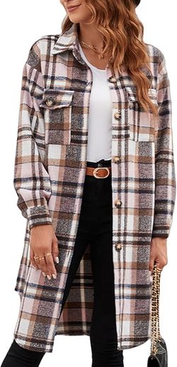 Women's Oversized Plaid Long Sleeve Button Down Long Shirt Coat Top Size Xl Extra Large Jacket