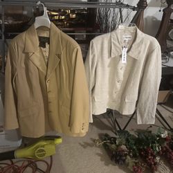 two women beige jackets one leather like new size 1 xl 20 dollars other size 2xl new tag on 10 dollars 