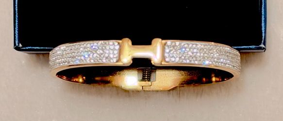 H Bangle Bracelet Gold Tone with Crystals Brand New 7” Retail $50