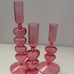 3 Pcs Pink Glass Candlestick Holders